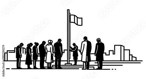 People raising flag on flagpole with city skyline background, patriotism, national pride