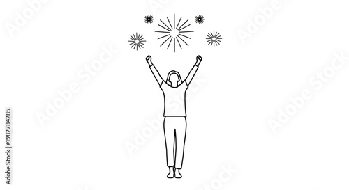 Person celebrating with fireworks, arms raised in victory and joy
