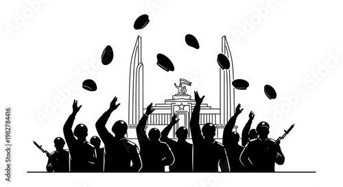 Protestors with guns and masks throwing objects in front of Democracy Monument, Bangkok