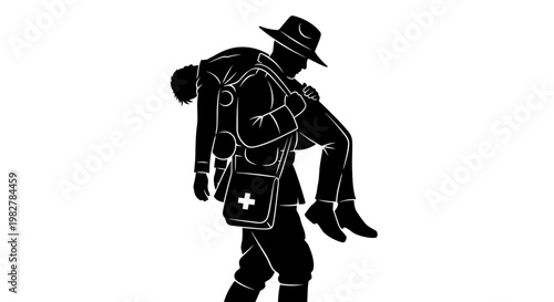 Rescuer carrying injured person on shoulder, medical bag, silhouette, emergency help concept