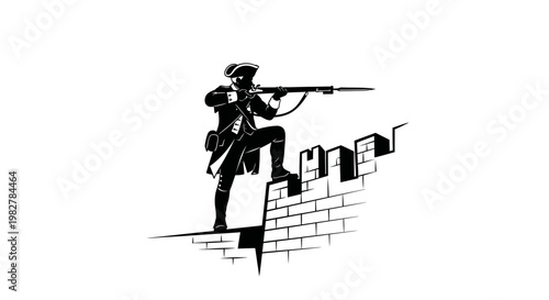 Revolutionary Soldier Aiming Musket from Fort Wall, Historical Black and White Illustration