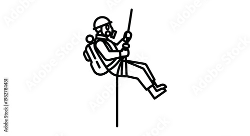 Rappelling man with gas mask and backpack, industrial safety, extreme sport, descent