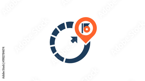 Icon of Time Management Clock with Circular Arrow and Location Marker in Flat Design