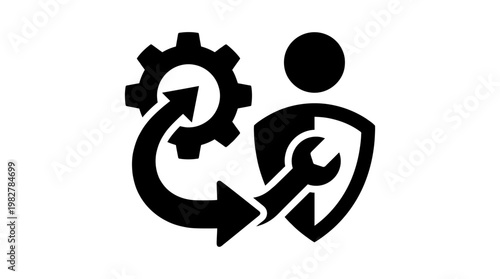 Icon of Gear and Wrench with Person for Technical Support and Maintenance