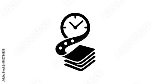 Icon of a Wavy Clock Over Paper Stack, Minimalist Vector Illustration of Time Management