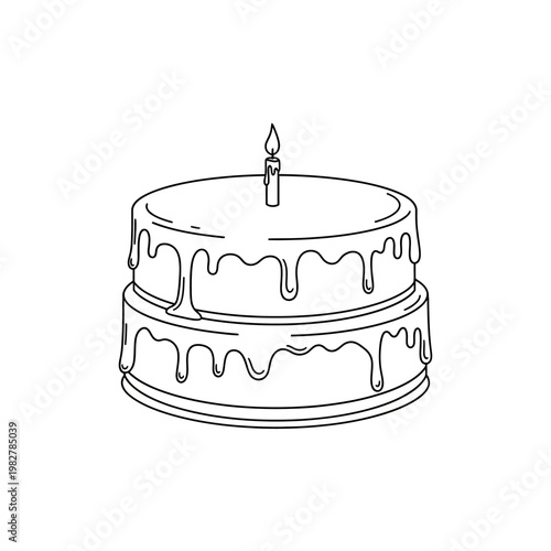 Two-tier birthday cake with dripping icing and lit candle, line art.