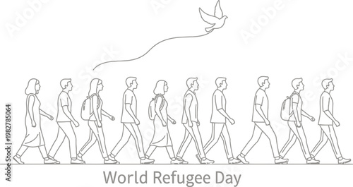Group of displaced refugees walking together in a line with a peace dove symbol flying overhead on a simple background