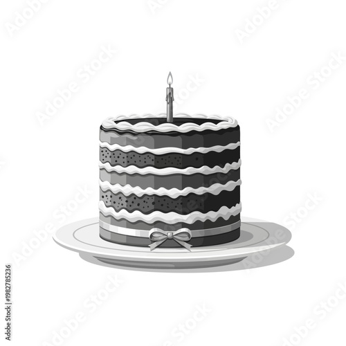 Black and White Layer Cake with Candle on Plate, Festive Celebration Dessert