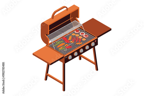 Barbecue grill cooks various fresh meat and vegetables outdoors.