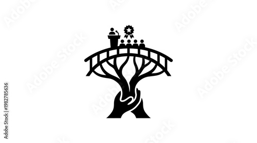 Icon of Human Figures and Child on Bridge Over Tree with Hands Supporting Roots - Vector Illustration