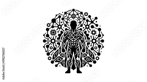 Vector Icon of Human Body Anatomy with Neural Network and Technology Elements