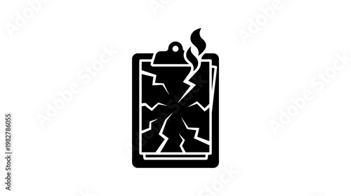 Icon of Cracked Smartphone Screen with Smoke Damage in Black and White Style