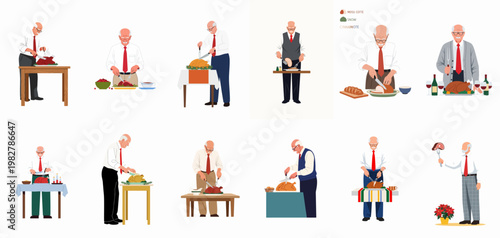 Set of vector illustrations showing a senior man carving a festive turkey and preparing a holiday meal for Thanksgiving or Christmas dinner.