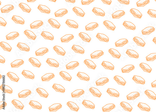 Seamless pattern of hand drawn sandwiches in doodle style. Orange and white food background with sketch bread and layers of fillings. Perfect for cafe branding, packaging design, and restaurant