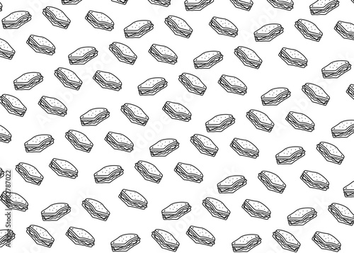 Seamless pattern of hand drawn sandwiches in doodle style. Black and white food background with sketch bread and layers of fillings. Perfect for cafe branding, packaging design, and restaurant