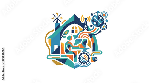 Vector Icon of Smart Home Automation System with Network Connections and Digital Technology