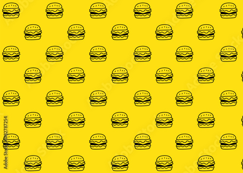 A burger illustration pattern with black outline and yellow background, food packaging, menu illustration	