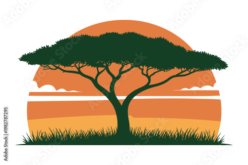 Tree stands in a vibrant savanna at sunset with orange background.