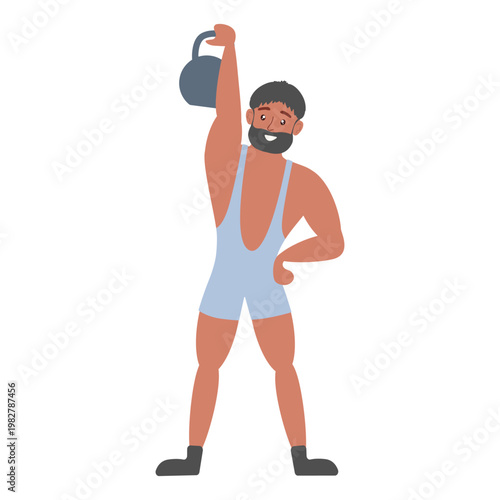 Professional circus strongman character lifting a heavy kettlebell. Flat vector illustration of a bearded weightlifter in a blue leotard isolated on white background.