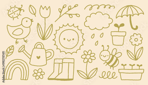 Hand drawn vector set of spring garden doodles. Cute minimalist icons featuring sun flowers bee bird rainbow and watering can. Perfect for seasonal decor and nature themed design assets and projects