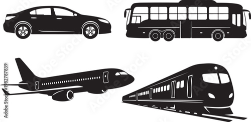 Transportation modes in black silhouette vector set