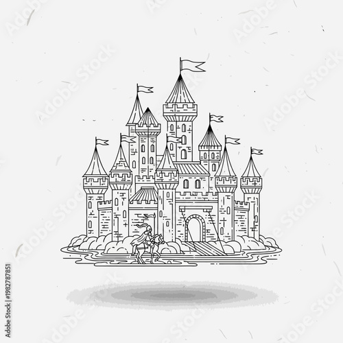 Medieval Castle with Knight on Horseback Illustration - Fantasy Kingdom Icon