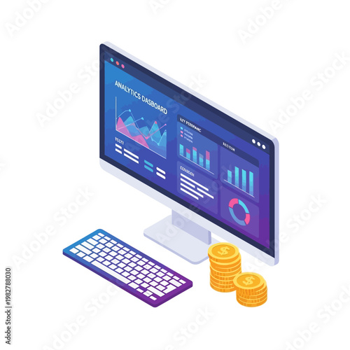 Financial Analytics Dashboard on Computer Screen with Coins, Business Growth Concept