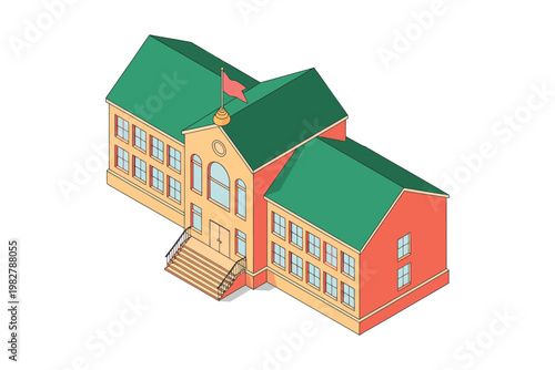 School building stands as an isometric architectural illustration.