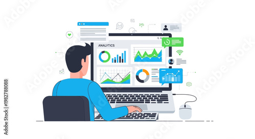 Man analyzing data on laptop with charts and graphs, business analytics concept
