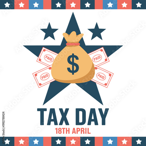 Symbolic representation of tax day with money bag and payment stamps