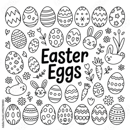 Whimsical hand-drawn Easter eggs and bunnies with festive floral accents