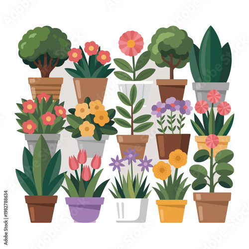 A vibrant collection of potted houseplants in various sizes and colors, bringing natural beauty indoors.