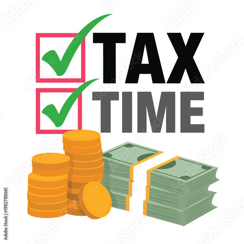 Paying taxes with money and coins, represented by checkmarks and text.