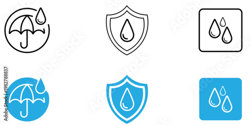Waterproof icon set in flat style. Water and Dust, liquid proof protection, Shield with water drop, Water Proof, Water resistant, Water protection simple black style symbol sign for apps and website. 