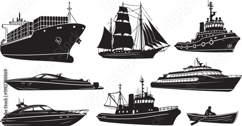 Various types of boats and ships illustration set