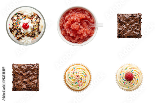 Milkshake with cherry, bowl of granita, two brownies, and two cupcakes with sprinkles.