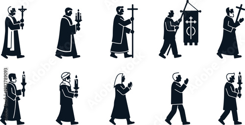 Religious procession silhouette set featuring priests and believers with crosses and light.
