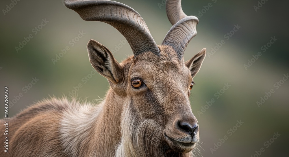 Fototapeta premium Portrait of a markhor goat with large spiral horns. Close up headshot of a wild mountain goat in its natural habitat. Majestic herbivore animal in nature, wildlife photography concept.