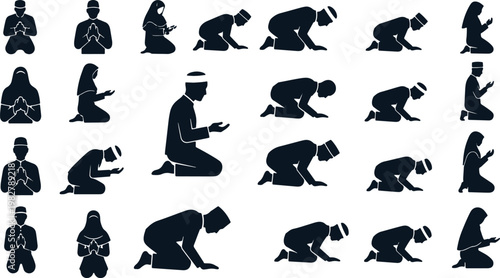 Collection of people in various prayer poses in flat vector illustrations.