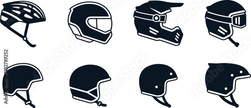 Collection of various motorcycle and bicycle helmets in flat vector illustrations.