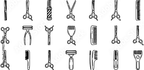 Barber and Hairdressing Tools Line Art Icons Set. Black and white vector outline glyphs of salon equipment: scissors, combs, and razors for beauty.
