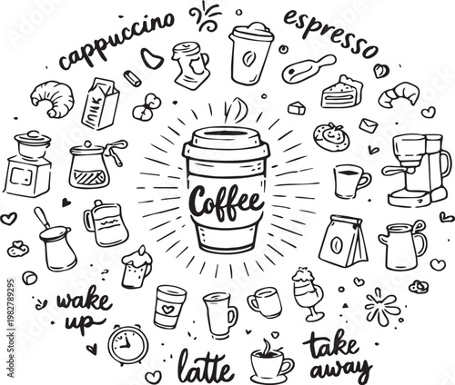 Hand-Drawn Coffee Cup with Grinder, Beans, Pastries, and Doodle Elements – Black and White Café Illustration