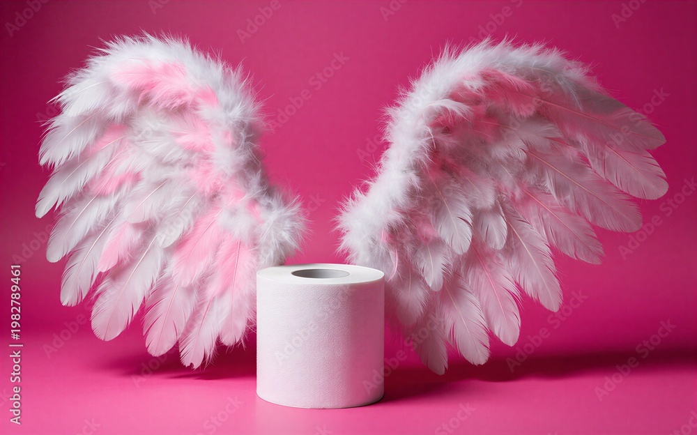 Fototapeta premium Toilet paper with angel wings on vibrant pink background whimsical