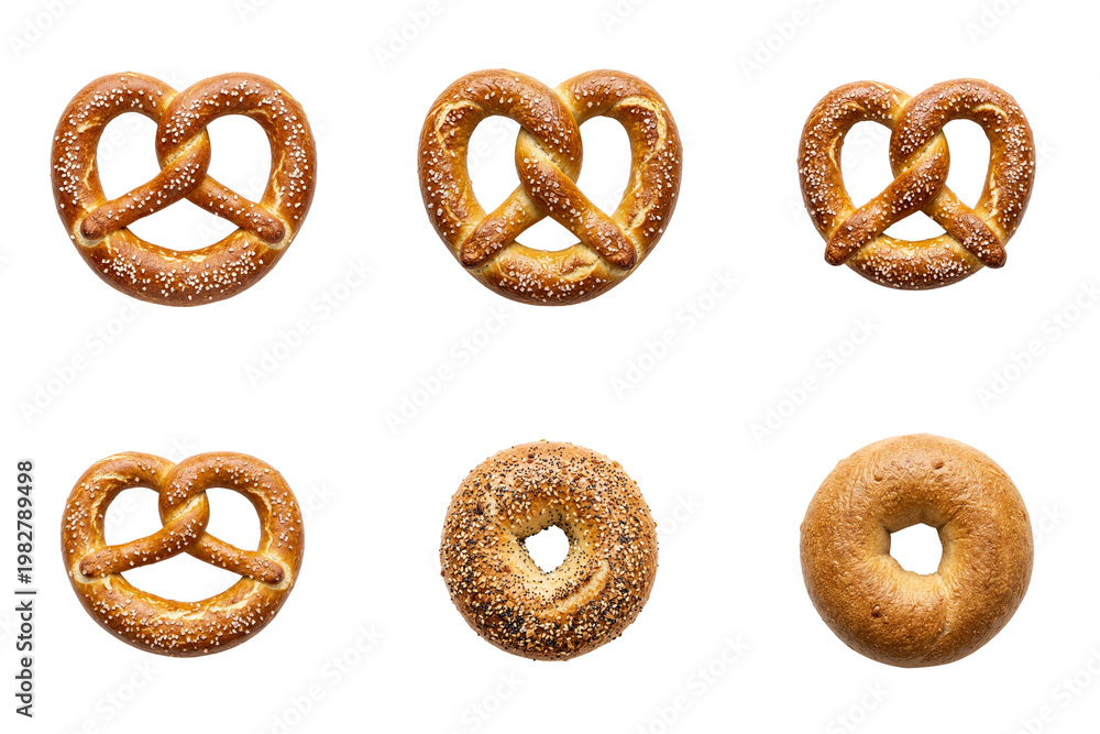 Fototapeta premium Four pretzels and two bagels, one plain and one with seeds, on clear background.