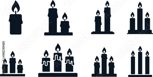 Burning candle silhouette icons set for spa relaxation spiritual ceremony and decoration.