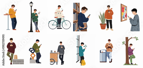 A set of flat illustrations of a young man using his smartphone in various daily life settings and outdoor locations.