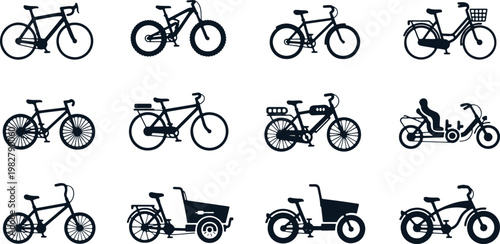 Assortment of bicycle types for urban commuting and recreation.