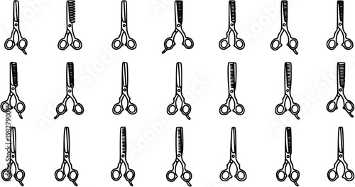 Hairdressing Barber Scissors Doodle Line Art Icons Set. Black  White Outline Collection of Professional Hair Cutting Tools and Thinning Shears Vector.