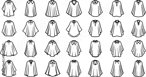 Fashion Apparel Cloak and Poncho Line Art Icons Set. Black and White Outline Glyph Collection of Women's Garments, Blouses, Tops, and Capes.