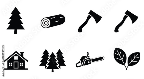 Forestry icons collection, editable stroke vector pack featuring tree, log, ax, cabin, chainsaw, and leaves, clean minimalist design for forestry operations, timber industry, environmental protection,